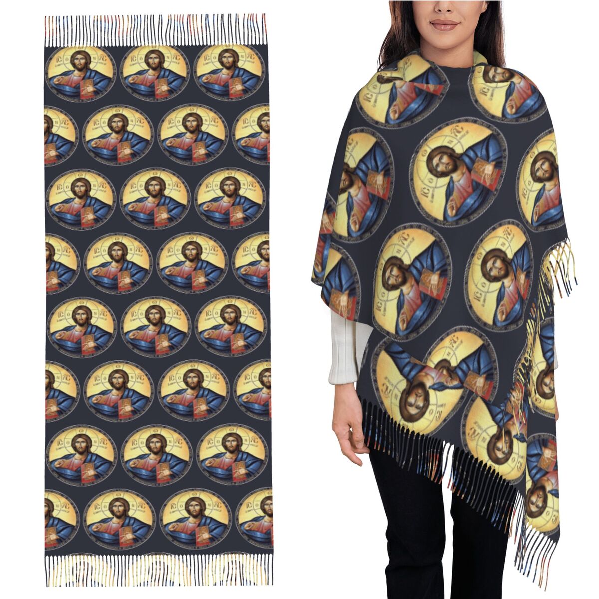 Women Fashion Icon - Christ Pantocrator Orthodox Icon Scarf Tassel