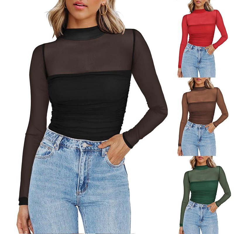 Women'S Fashion Tops - Women's Solid Color Sheer Mesh Round