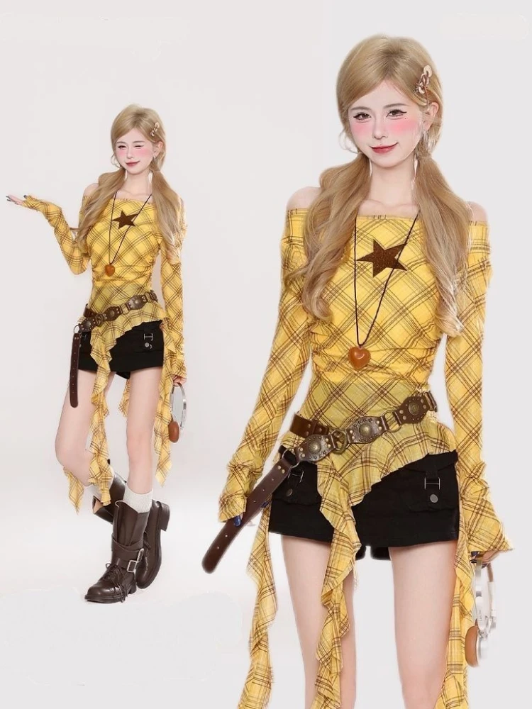 Y2K Plaid Slash Neck Vintage T - Women'S Fashion Tops ulasan dan harga