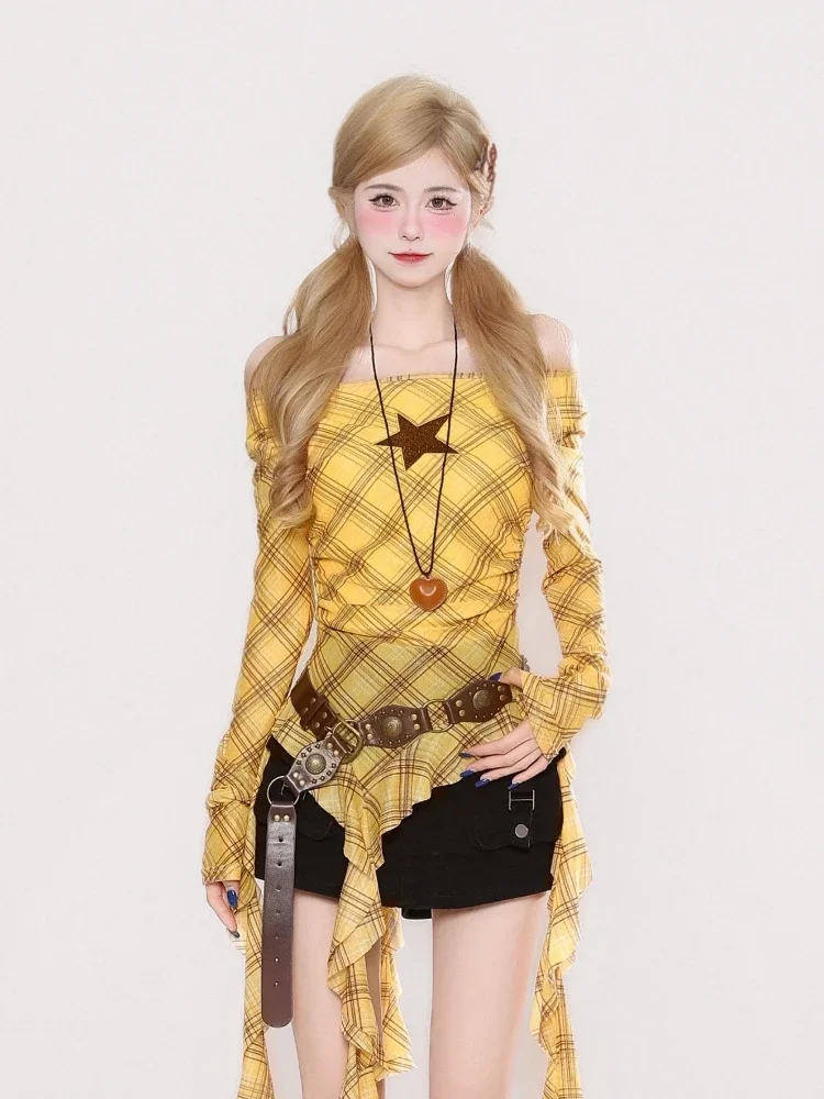 Y2K Plaid Slash Neck Vintage T - Women'S Fashion Tops ulasan dan harga