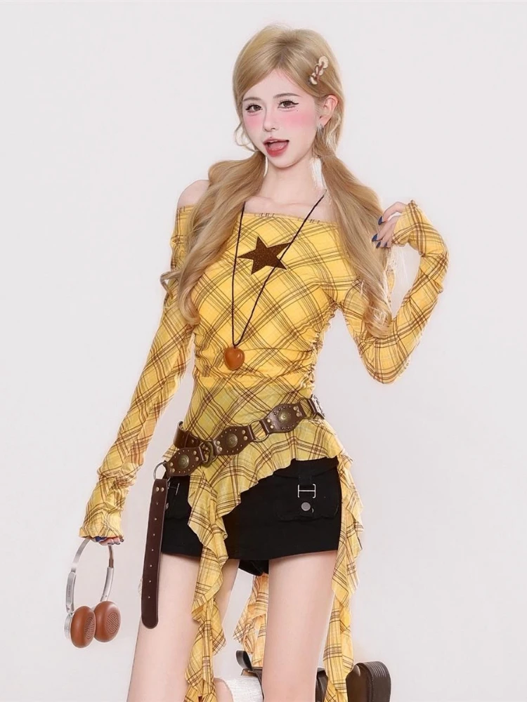 Y2K Plaid Slash Neck Vintage T - Women'S Fashion Tops ulasan dan harga