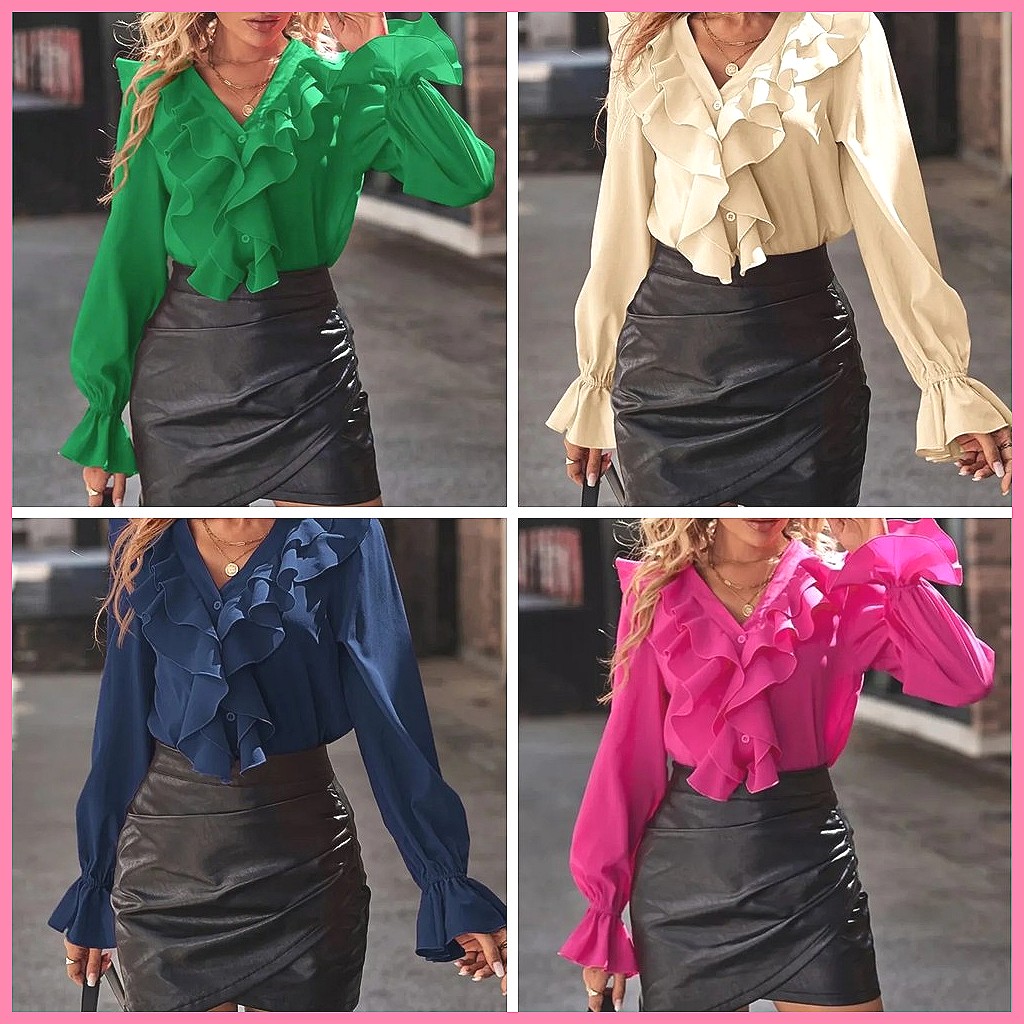 2025 Fashion V-Neck Ruffle Fla - Women'S Fashion Tops ulasan dan harga
