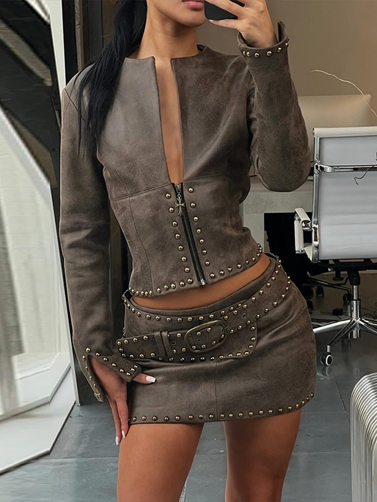 Y2k Leather Skirt Set Women Ri - Women'S Fashion Long Coat ulasan dan harga
