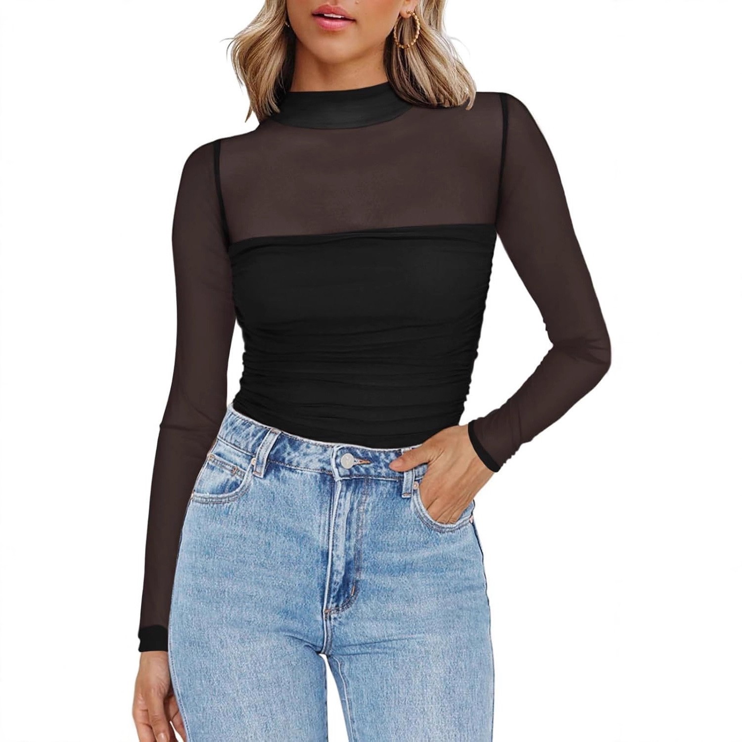 Women's Solid Color Sheer Mesh - Women'S Fashion Tops ulasan dan harga