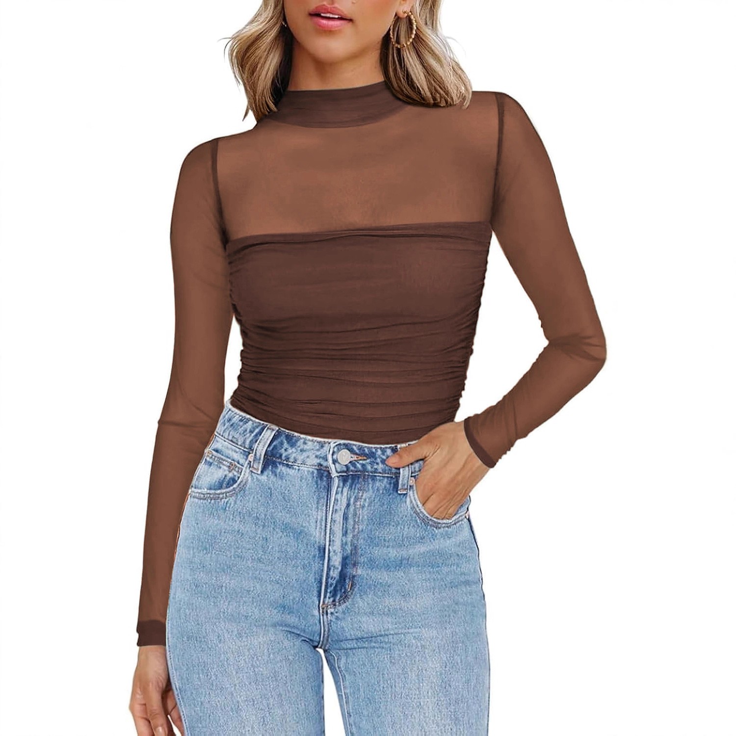 Women's Solid Color Sheer Mesh - Women'S Fashion Tops ulasan dan harga