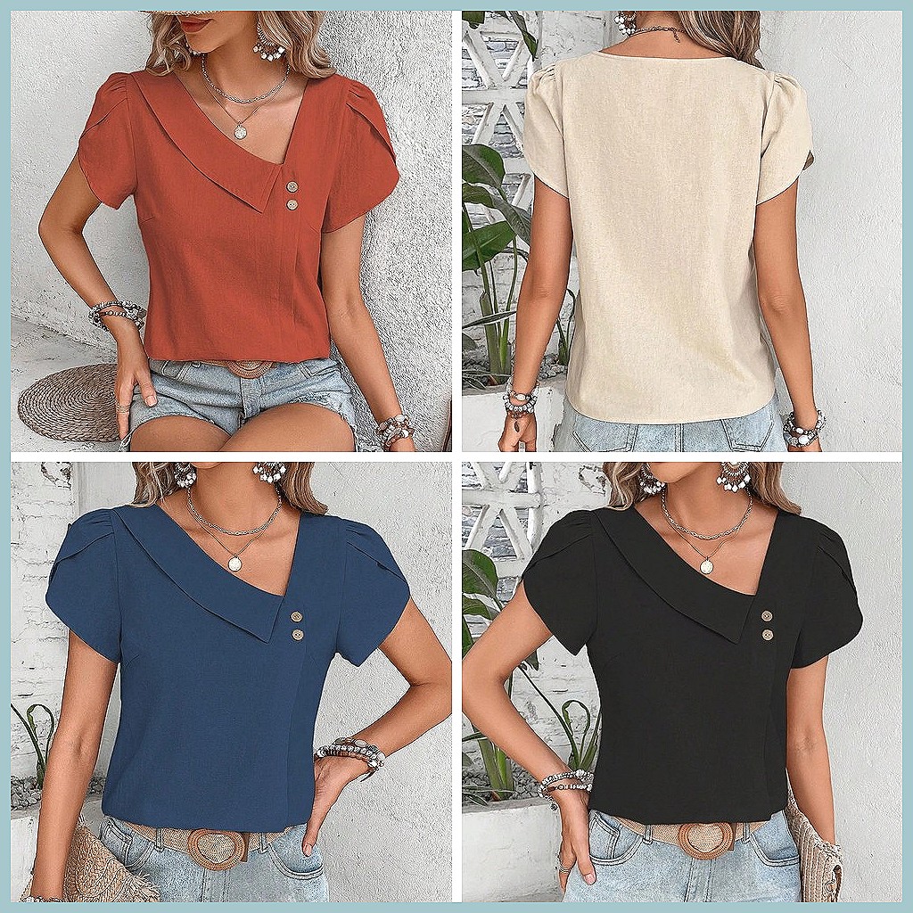 2024 Summer Vintage Solid Colo - Women'S Fashion Tops ulasan dan harga